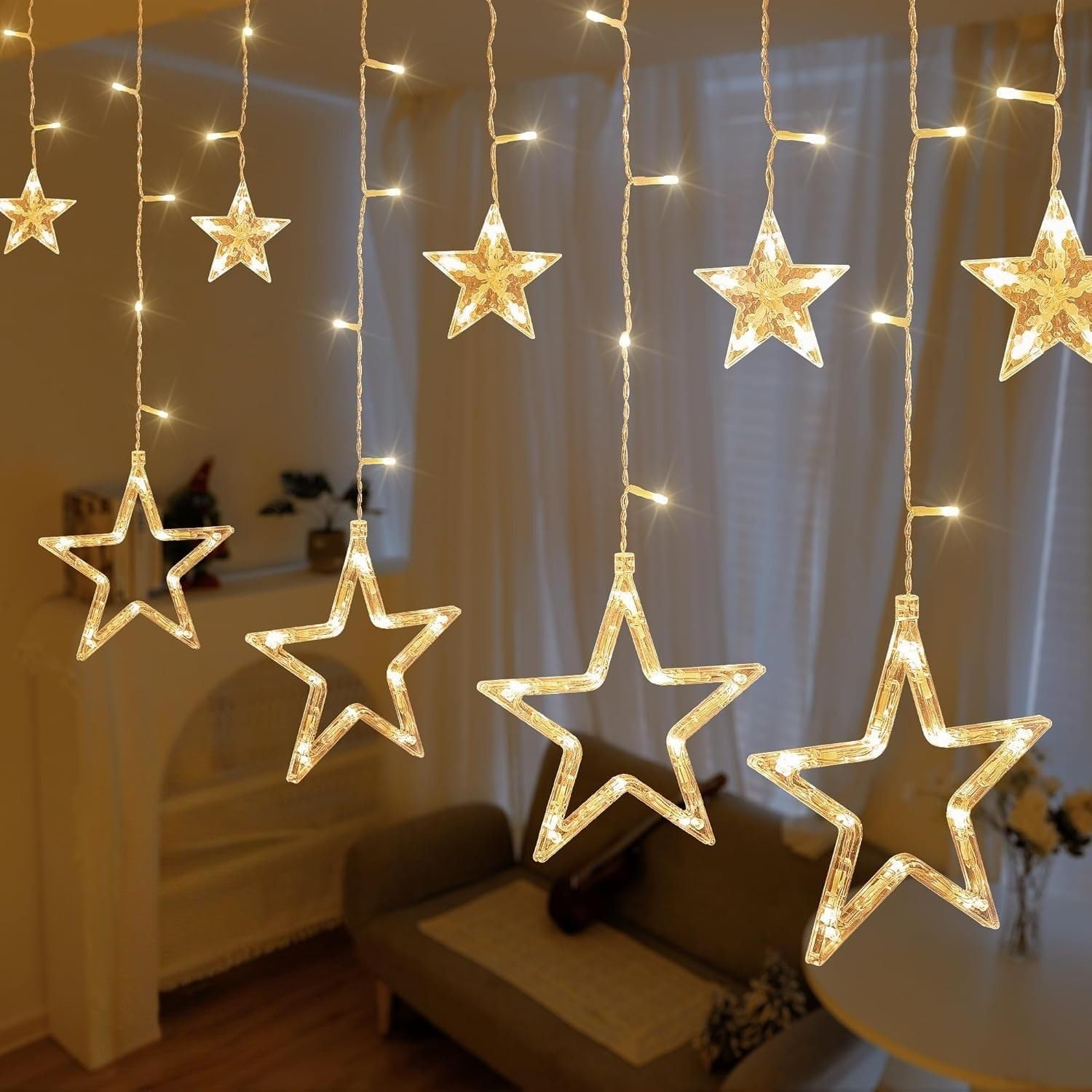 Star Curtain LED Lights | 130 LEDs, 6 Large + 6 Small Stars | 8 Flashi