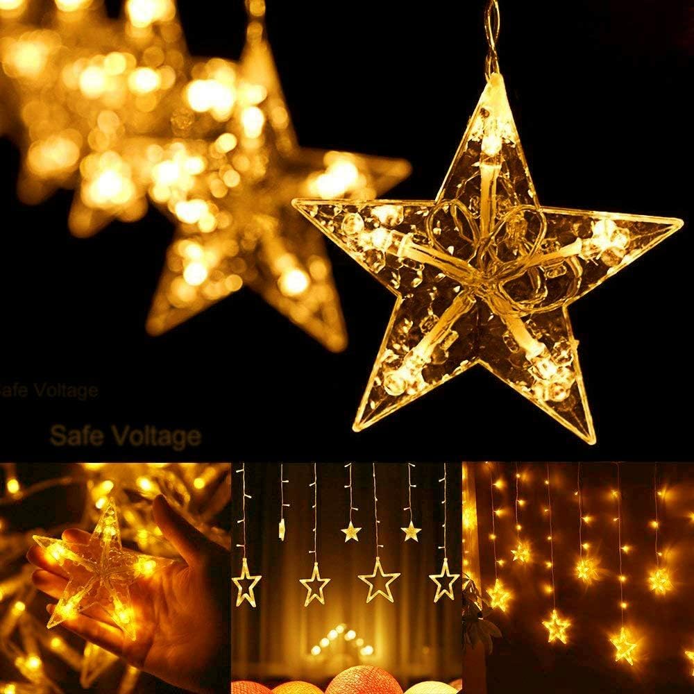 Star Curtain LED Lights | 130 LEDs, 6 Large + 6 Small Stars | 8 Flashing Modes | White Fairy String Lights for Diwali, Christmas, Wedding, Party, Home, Window & Wall Decor