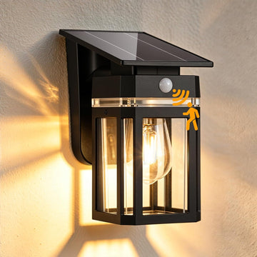 Solar Porch Lights Outdoor with Dusk-to-Dawn Motion Sensor 200LM 3000K Warm White, E26 ST58 Bulb, Classic Lantern Design, 3 Lighting Modes, IP65 Waterproof for Porch, Garage & Patio