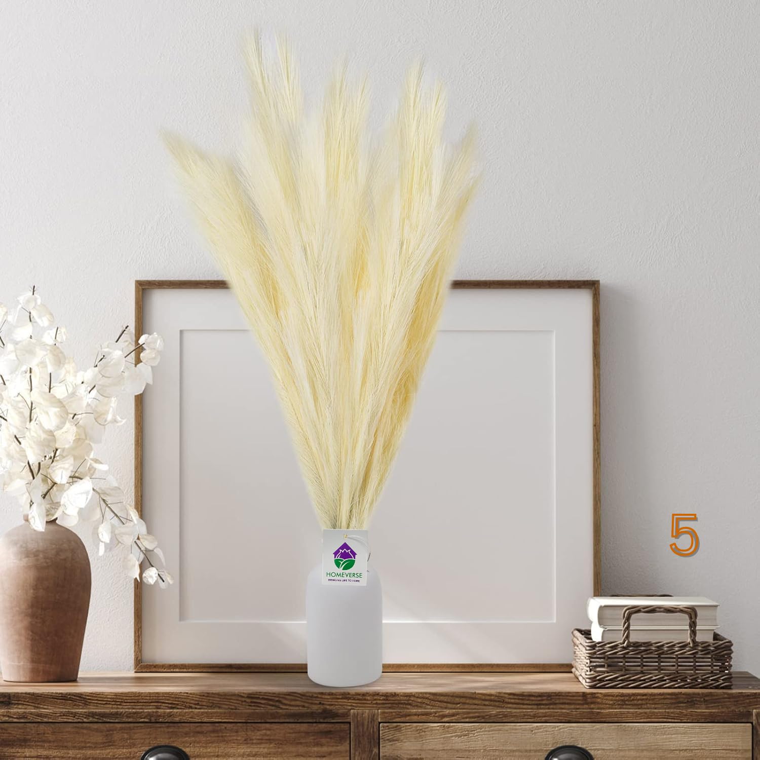 Artificial Pampas Grass | 45 cm Tall | 5 Steams | Beige Color | Fluffy Pompas for Home, Office Boho,Farmhouse Home Wedding, Faux Pampas Grass, Set of 3