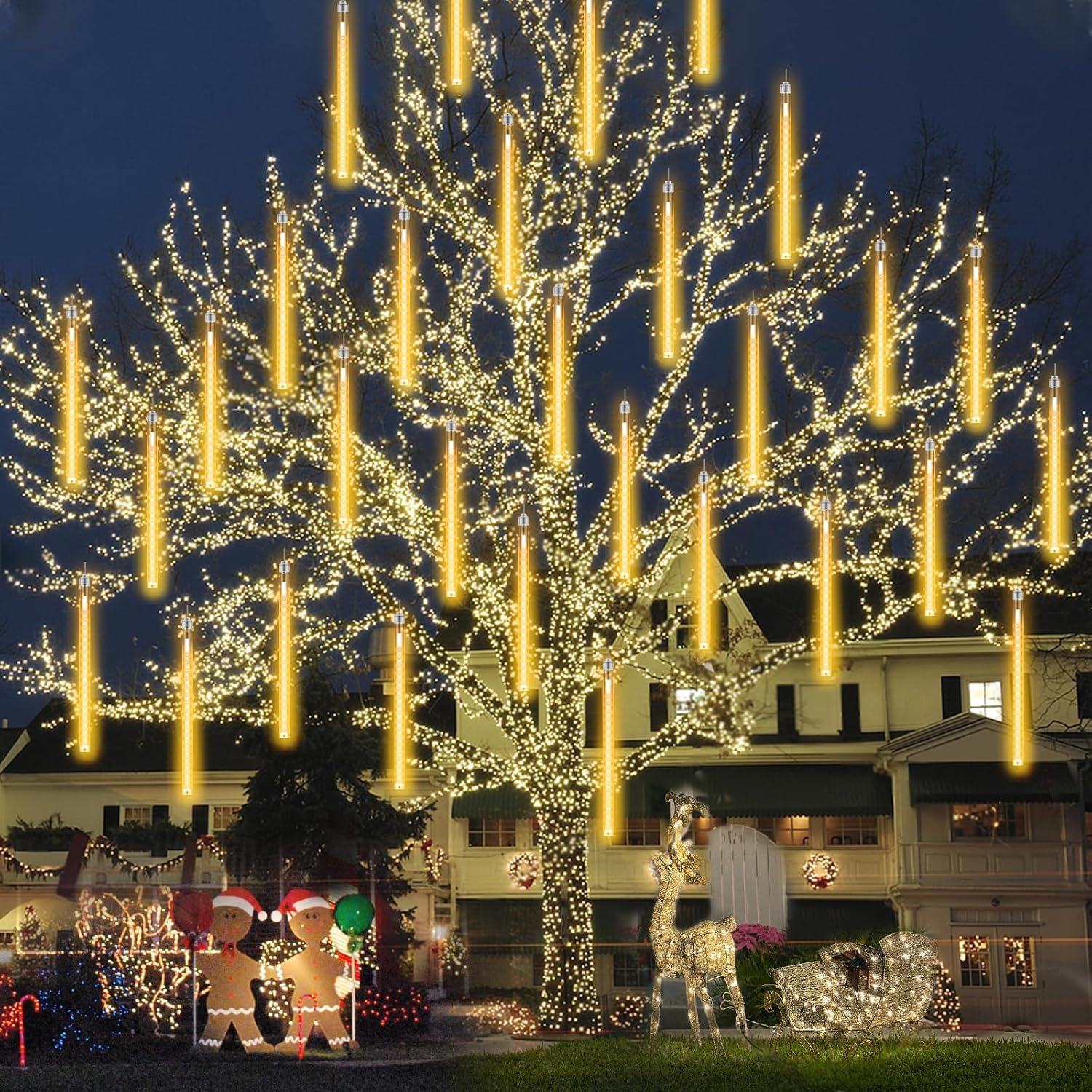 Meteor Shower Lights – 8 Tubes, 144 LEDs, Waterproof IP65 Decorative String Lights for Garden, Wedding, Party, Outdoor & Storefront Décor (Warm White)