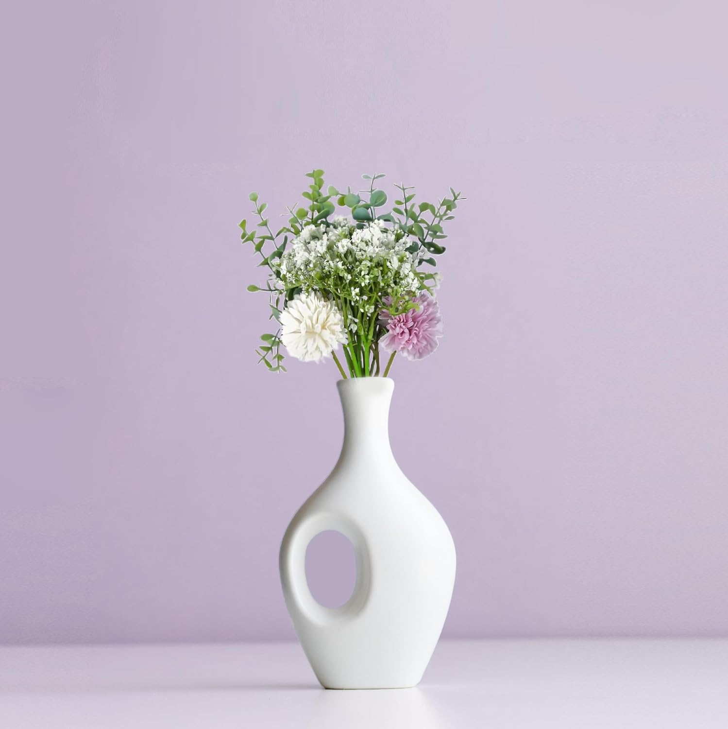 Artificial Floral Arrangement, Purple and White Chrysanthemums with Eucalyptus and Baby Breath for Aesthetic Room Decor Items for Bedroom|Office Table Accessories|Show Pieces|Home Decor