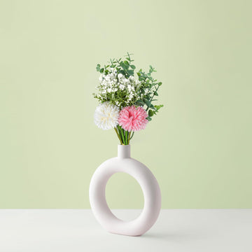 Artificial Floral Arrangement, Pink and White Chrysanthemums with Eucalyptus and Baby Breath for Aesthetic Room Decor Items for Bedroom|Office Table Accessories|Show Pieces|Home Dcor