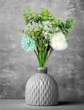 Artificial Floral Arrangement, Green and White Chrysanthemums with Eucalyptus and Baby Breath for Aesthetic Room Decor Items for Bedroom|Office Table Accessories|Show Pieces|Home Dcor
