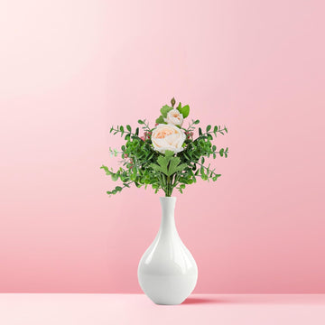 Artificial Rose Bouquet with Greenery, 30 cm | Flower Arrangement, Fake Plastic Flowers for Home, Wedding, Garden Party Decoration,Artificial Rose (Peach Colour)