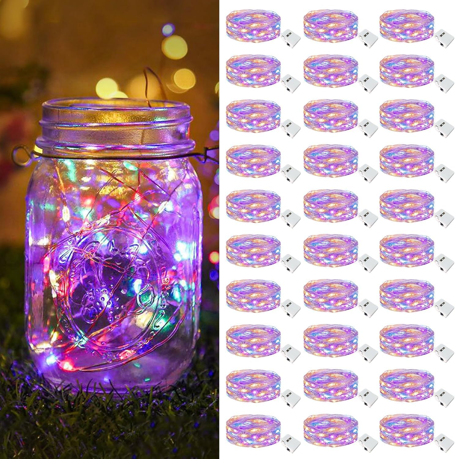 30 Pack Fairy Lights Battery Operated [3 Modes], 7ft 20 Led Twinkle Lights String Lights Waterproof Bulk Small Mini Silver Wire for Mason Jars Vases Wedding Table Centerpiece, Multicolor