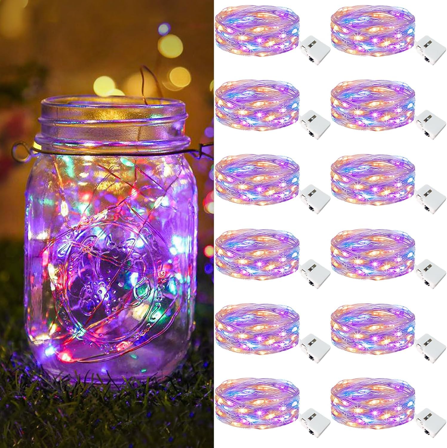 12 Pack Fairy Lights Battery Operated [3 Modes], 7ft 20 Led Twinkle Lights String Lights Waterproof Bulk Small Mini Silver Wire for Mason Jars Vases Wedding Table Centerpiece, Multicolor