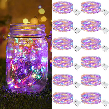 12 Pack Fairy Lights Battery Operated [3 Modes], 7ft 20 Led Twinkle Lights String Lights Waterproof Bulk Small Mini Silver Wire for Mason Jars Vases Wedding Table Centerpiece, Multicolor