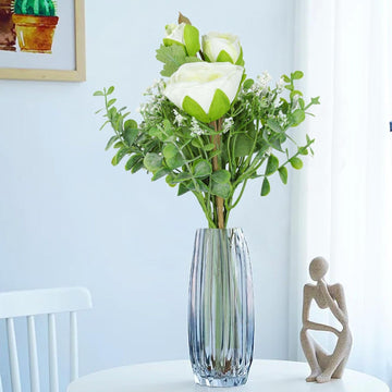 Rose Bouquet with Greenery, 30 cm | Flower Arrangement, Fake Plastic Flowers for Home, Wedding, Garden Party Decoration,Artificial Rose (White Colour)