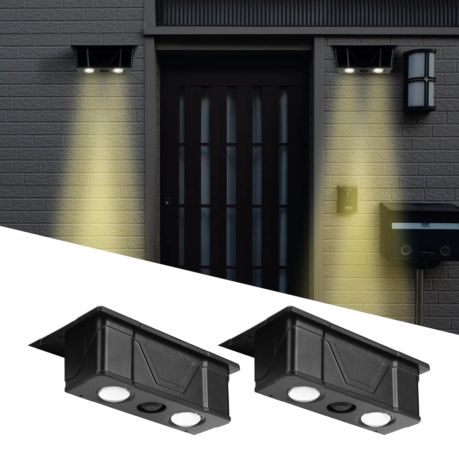 2-Pack Solar Fence Lights – Outdoor LED Wall-Mount Waterproof Lamps for Deck, Patio, Stair, Rail, Backyard, House Decoration (2Led-WW)