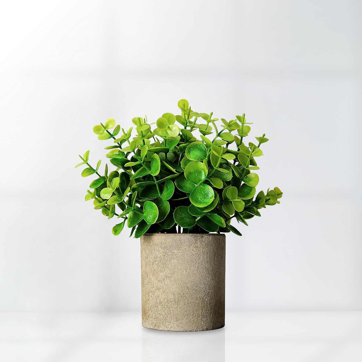 Artificial Green Leaf Plant with Pot| 3inch | Faux Greenery in Concrete Planter for Home Decor | Small Fake Plant for Bathroom, Kitchen, Office, Living Room, Shelf | Zero Maintenance (Green)