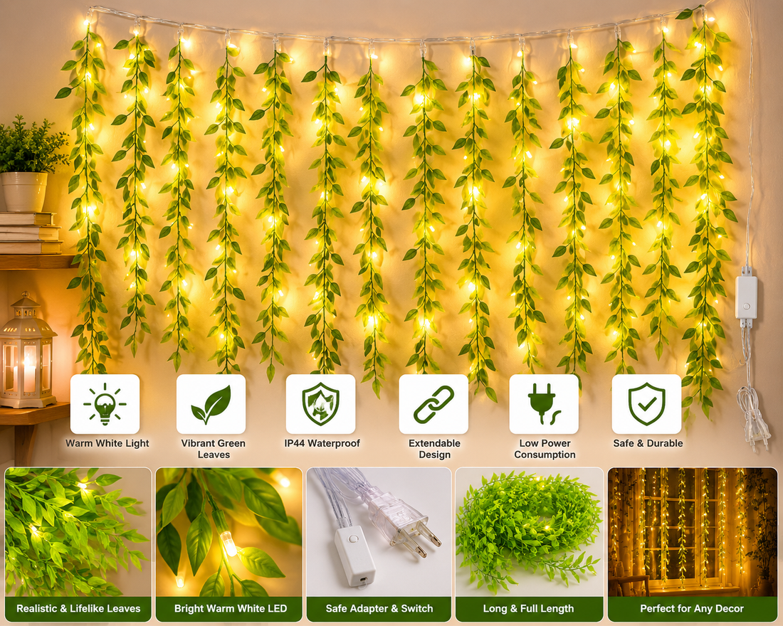 Leaf Vine String Fairy Lights | Warm White Plug-in Decorative LED Lights with Green Leaves for Wall, Bedroom, Balcony, Party, Home, Wedding, Diwali | 3 Meter Transparent Wire