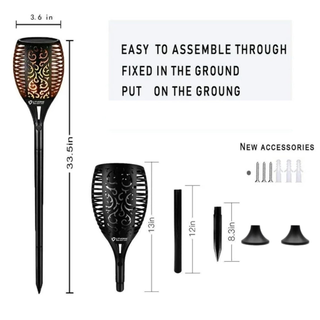 Solar Torch Light with Flickering Flame | 3 Modes | Solar Powered Waterproof LED Flame Lamp | Auto On/Off Outdoor Garden Light for Patio, Pathway, Yard – Set of 1 (Black)