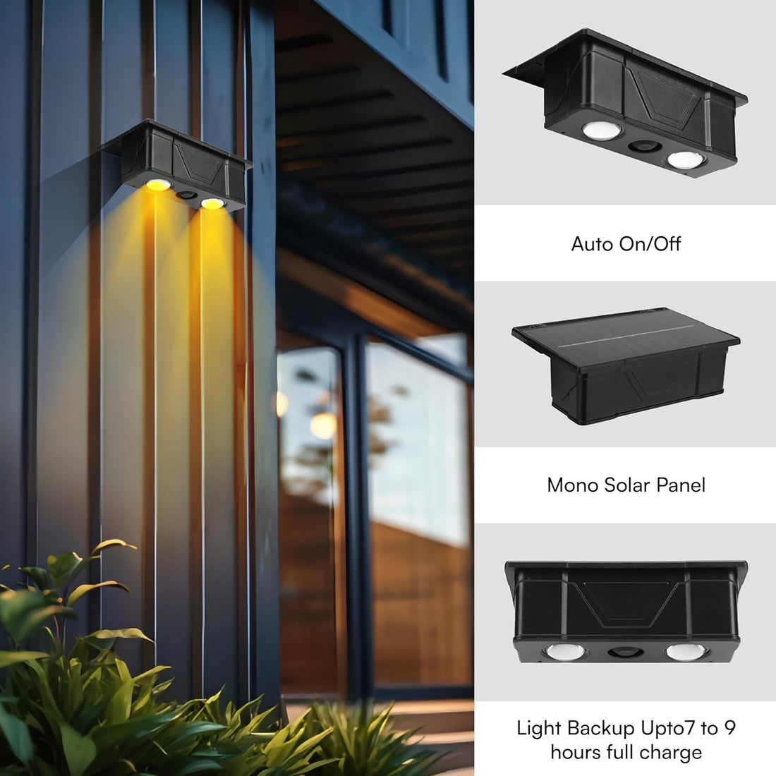 2-Pack Solar Fence Lights – Outdoor LED Wall-Mount Waterproof Lamps for Deck, Patio, Stair, Rail, Backyard, House Decoration (2Led-WW)