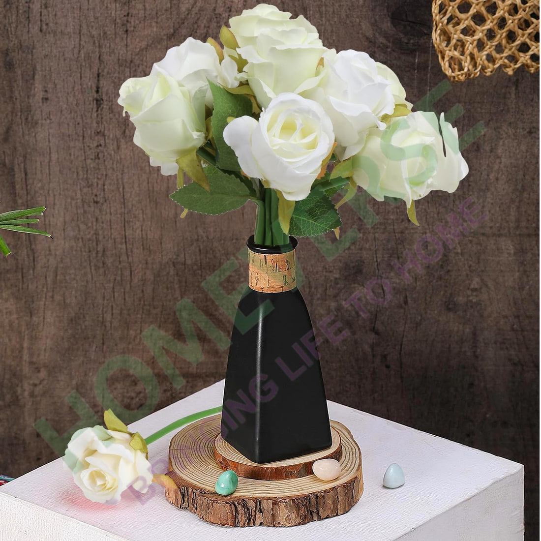 6pcs White+6pcs Green |Artificial Rose Fake Silk Plants Wedding Valentines Birthday Anniversary Christmas Mothers Day (White Green-12pcs)