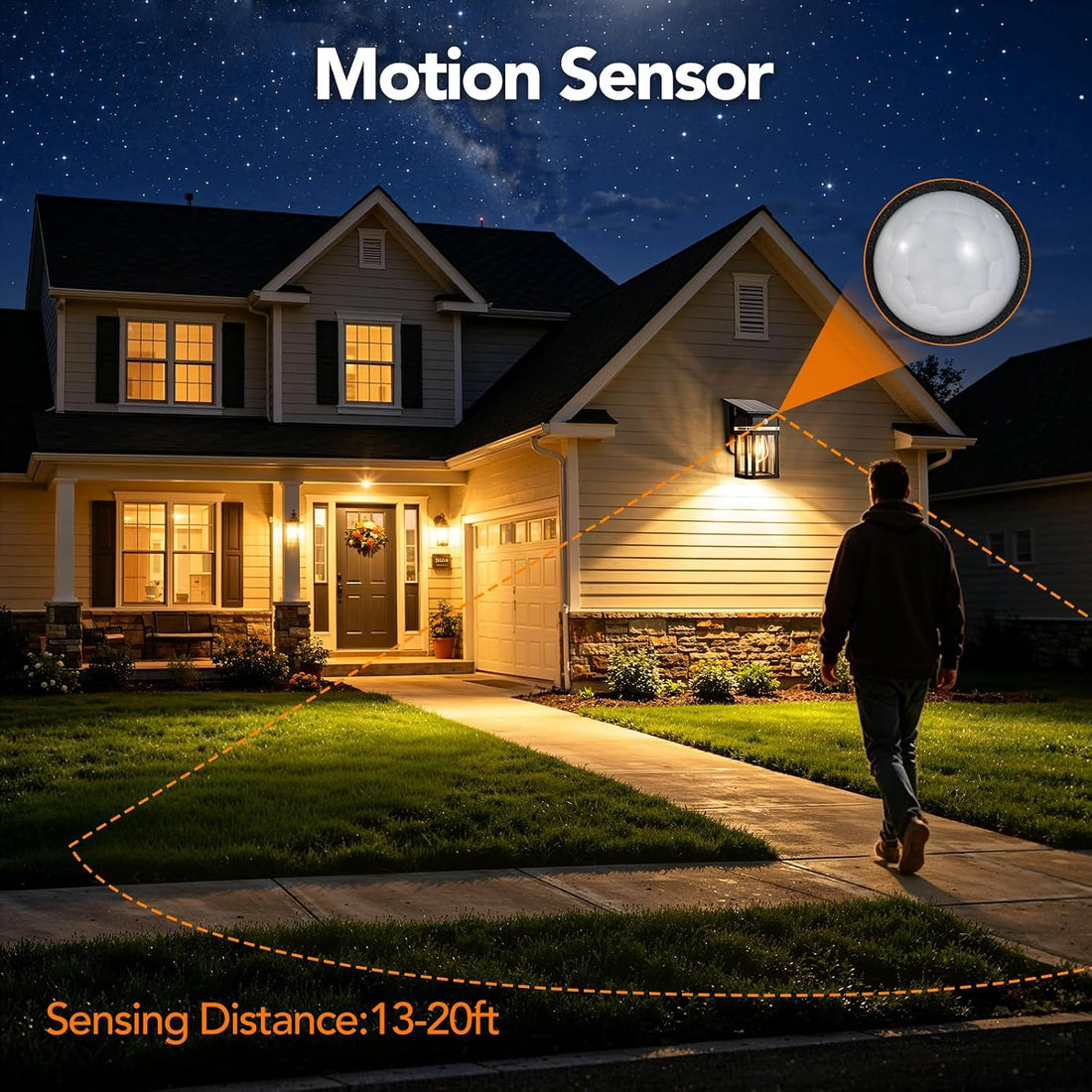 Solar Porch Lights Outdoor with Dusk-to-Dawn Motion Sensor 200LM 3000K Warm White, E26 ST58 Bulb, Classic Lantern Design, 3 Lighting Modes, IP65 Waterproof for Porch, Garage & Patio