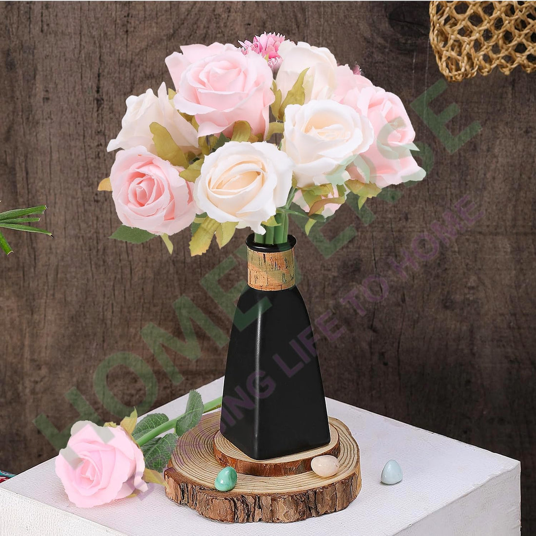 12pcs Artificial Rose Fake Silk Plants Wedding Valentines Birthday Anniversary Christmas Mothers Day (Pink+CremeWhite-12pcs)