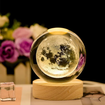 3D 3D Crystal Ball Night lamp Moon | Dimmable Engraved LED Glass Ball Table Lamp with USB and Wooden Base for Home Decor, Office, Birthday Gift, Housewarming & Kids Bedroom. (Moon-Warmwhite)