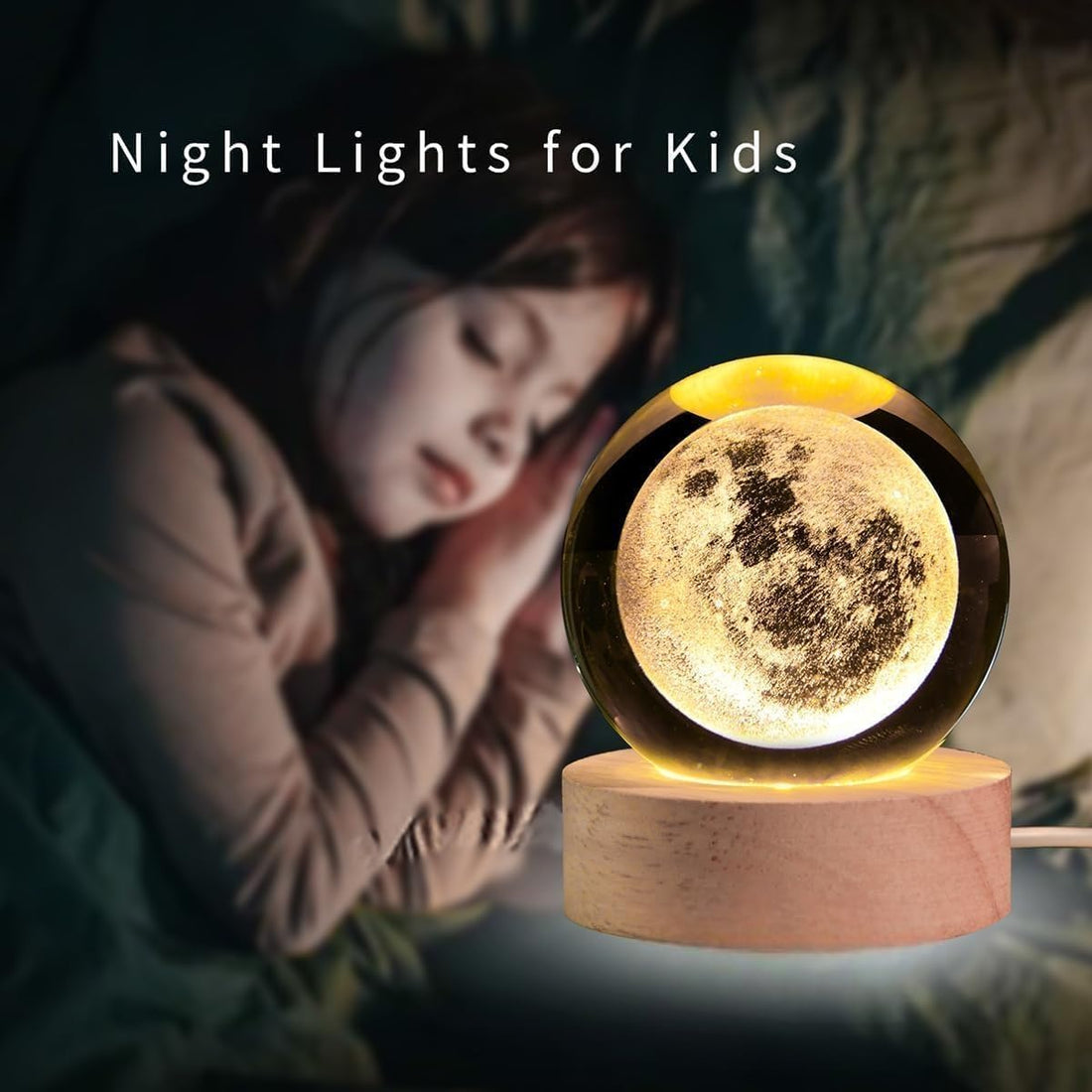 3D 3D Crystal Ball Night lamp Moon | Dimmable Engraved LED Glass Ball Table Lamp with USB and Wooden Base for Home Decor, Office, Birthday Gift, Housewarming & Kids Bedroom. (Moon-Warmwhite)