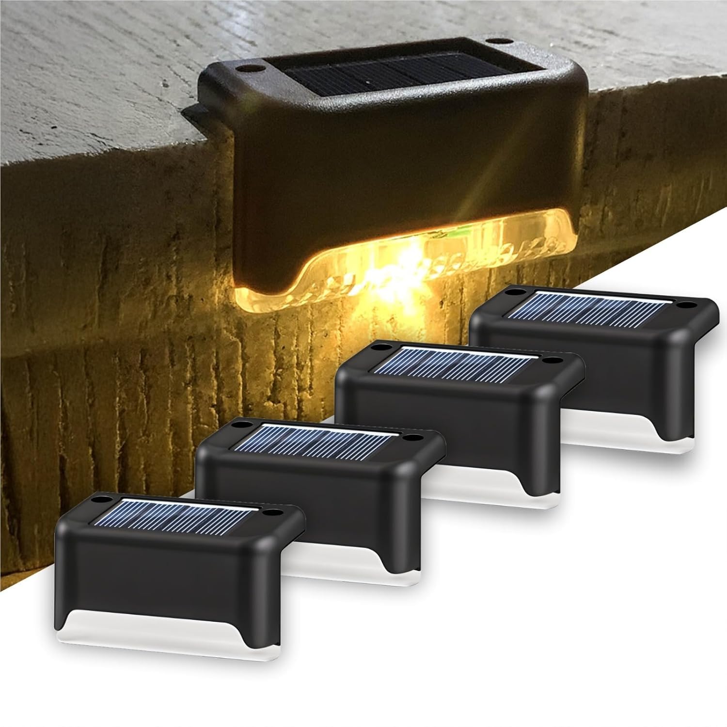 Outdoor Solar LED Garden Lights, 4-Pack Waterproof Step & Deck Lights for Railing, Wall, Fence, Backyard, Balcony – Warm White Solar Stair Lights with Auto On/Off, Weatherproof Home Decoration