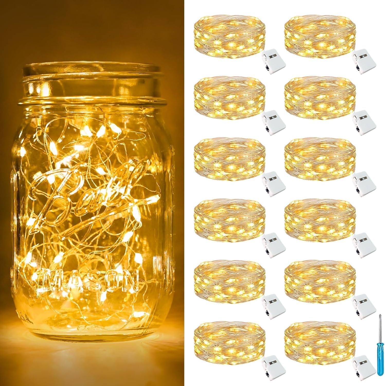 12 Pack Fairy Lights Battery Operated [3 Modes], 7ft 20 Led Twinkle Lights String Lights Waterproof Bulk Small Mini Silver Wire for Mason Jars Vases Wedding Table Centerpiece, Warmwhite