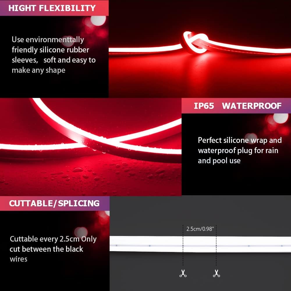 Red Neon LED Strip Light 5M | Flexible Silicone Rope Light with 12V Adapter | Waterproof IP65 Plug-in Tube Light for Room, Outdoor, Balcony, Garden, Party & Festival Decoration